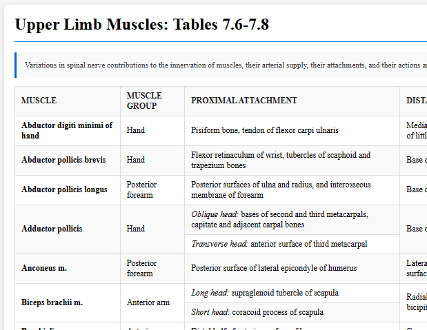Upper Limb Muscles: Tables 7.6-7.8